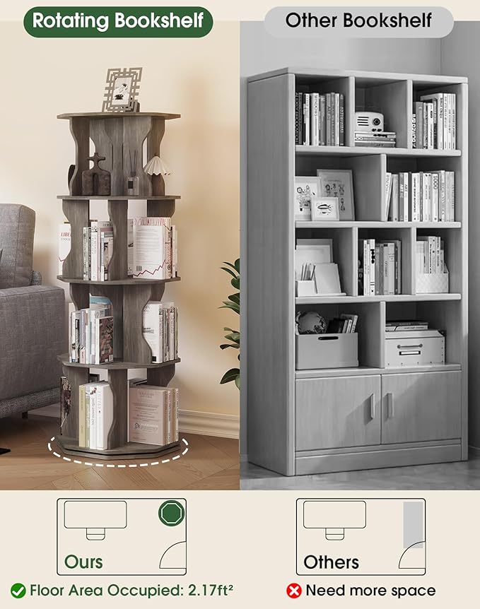 4 Tier Rotating Bookshelf, Spinning Bookshelf Tower Lazy Susan, Corner Revolving Storage Rack for Bedroom, Study Room, Kids Room, Living Room, Office, Gray