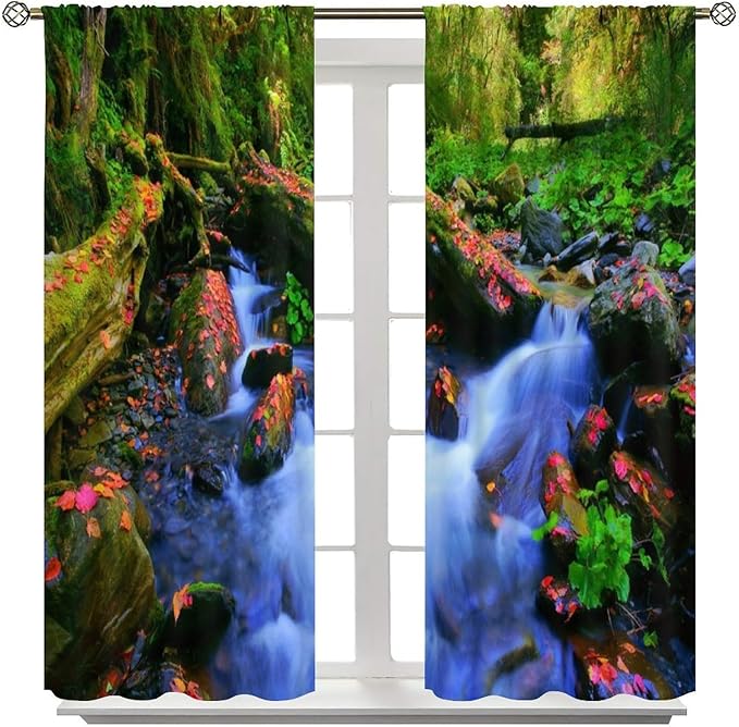 Forest Landscape Blackout Curtains, Natural River Rainforest Waterfalls Plant Print Pattern Window Drapes, for Bedroom Living Room 42" W X 54" L