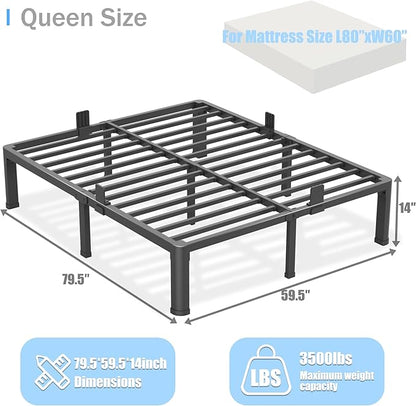 14 inch Queen Bed Frame with Round Corner Legs Mattress Slide Stopper,3500 lbs Heavy Duty Metal Platform,Steel Slats Support,No Box Spring Needed,Easy Assembly,Noise Free