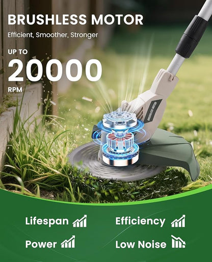 Electric Weed Wacker Cordless, Brushless Grass Trimmer with 2 21V 4.0Ah Batteries and Charger,4 Types of Blades String Trimmer, Weed Eater Battery Powered with Shoulder Strap, Lawn Edger Tool