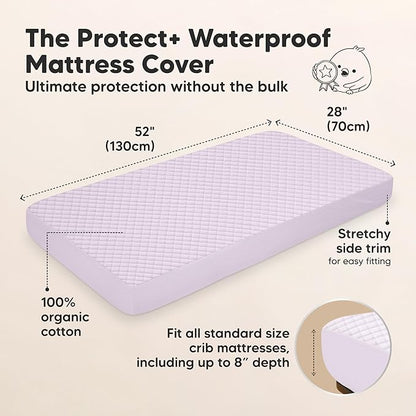 Waterproof Crib Mattress Protector Cover Fitted - 2-Pack Quiet Baby Crib Mattress Pad Sheets, 52" x 28" Soft Quilted Cotton Baby Sheet, Machine Washable, Easy Fit, Durable (Lilac/Quin)