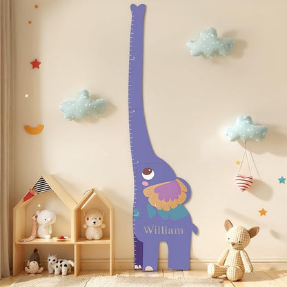 Personalized Name Growth Chart for Kids, Elephant Patchwork Wooden Height Chart for Wall Decor, Custom Height Ruler, Baby Boy Girl Measurement Ruler for Bedroom Playroom, Easy to Mark
