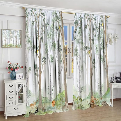 Kids Animal Curtains, Watercolor Natural Forest Animal Hedgehog Fox Butterfly Rabbits Forest Print Curtain Boys and Girl Bedrooms 72x63in