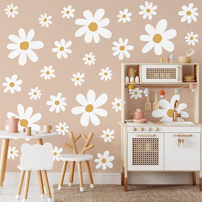 TaoBary 12 Sheets Daisy Wall Decal Flower Wall Sticker Cute Daisy Sticker Pink White Flower Decal Peel and Stick Floral Wallpaper for Nursery Bedroom Home Decor(White, Yellow,Cute Style)