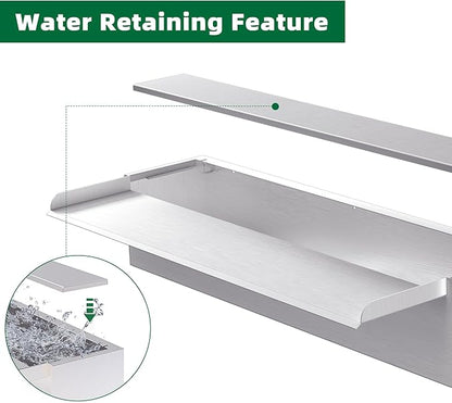 Waterfall Pool Fountain LONGRUNNEW 304 Stainless Steel 23.6" Rectangular Waterfall Spillway, Water Fall Fountain with Pipe Connector for Garden Outdoor, Swimming Pools, Fountains, Pond and Spa