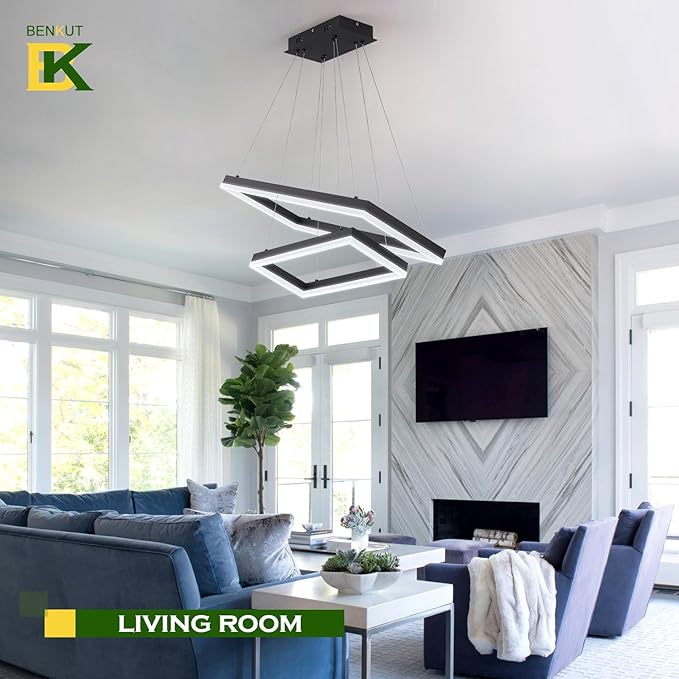 2 Rings Modern LED Chandelier Black 23.6inch Rectangle Dimmable LED Pendant