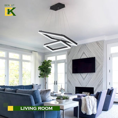 2 Rings Modern LED Chandelier Black 23.6inch Rectangle Dimmable LED Pendant