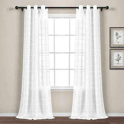 Lush Decor Farmhouse Textured Grommet Sheer Window Curtain Panel Pair, 38"W x 108"L, Bleach White