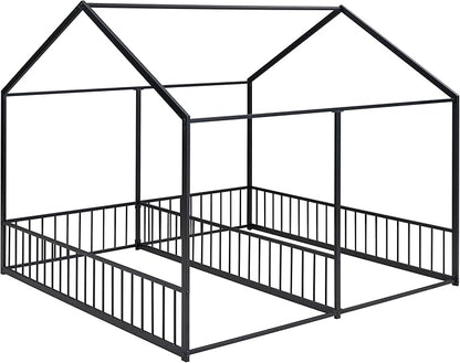 Harper & Bright Designs Metal Twin Size House Platform Bed Frame for Boys Girls Kids Adults Toddler, Two Shared Beds, Black