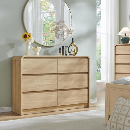 Modern 6 Drawers Dresser for Bedroom, 47" Wide Wood Dressers & Chests of Drawers w/Curved Profile Design, Mid Century Modern Dresser w/Natural Texture for Bedroom, Living Room, Natural Oak