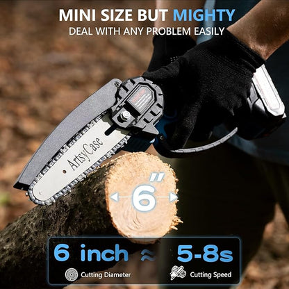 ArtsyCase Mini Chainsaw 6-inch Cordless, Portable chainsaws, Small Handheld Chain Saw for Tree Trimmer, Wood and Bamboo Cutting, Chain saws Gifts for Husband, Dad(1 Battery+ 1 Chain+ 1 Bars)