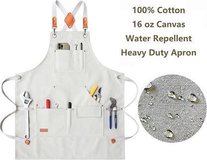 AFUN Work Aprons for Men with Large Pockets, Cotton Canvas Cross Back Heavy Duty Adjustable Tool Apron, Size M to XXL (Beige)