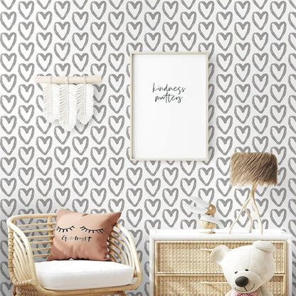 Timeet Grey and White Wallpaper Peel and Stick Wallpaper Heart Geometric Contact Paper 17.7"x393.7" Modern Self Adhesive Removable Wallpaper for Bedroom Kids Room Wall Decor Vinyl
