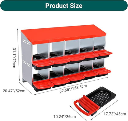 10 Compartment Metal Chicken Nesting Box, Automatic Roll-Out Egg Collection, Waterproof Galvanized Steel Laying Box, for Hens Ducks Rabbits, Red