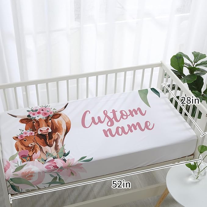Personalized Nursery Crib Bedding Set: Custom Name Pink Flower 5 Piece Baby Crib Sets with Highland Cow Pattern - Toddler Double Layer Blanket Set, Comfortable Crib Bed Sheets for Baby Grils