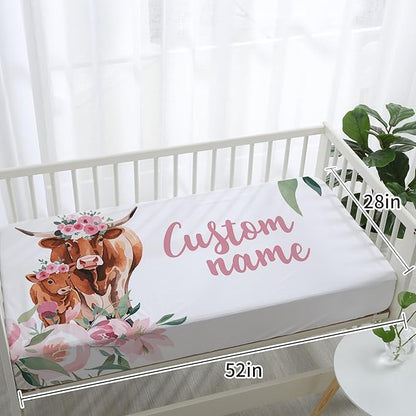 Personalized Nursery Crib Bedding Set: Custom Name Pink Flower 5 Piece Baby Crib Sets with Highland Cow Pattern - Toddler Double Layer Blanket Set, Comfortable Crib Bed Sheets for Baby Grils