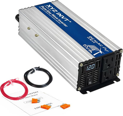 1200W Pure Sine Wave Power Inverter DC 12V to AC 110V/120V, 2400W Peak, Car/Truck Power Converter for Solar, Home, Vehicle & Rechargeable Devices with LED Display