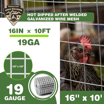 Hardware Cloth 1/2in 16'' x 10' 19GA ，Hot-dip Galvanized After Welding ，Chicken Wire Mesh,Chicken Coop Fence,Screen Mesh,Rabbit/Snake Fence,for Garden Poultry Animal Netting Cage