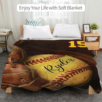 Custom Baby Softball Blanket with Name Number: Personalized Fluffy and Warm Gift for Baby Toddler Kids and Adults Birthday Skin-Friendly Flannel Fabric(30"x40")