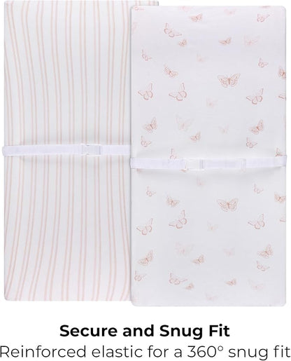 Ely’s & Co. Changing Pad Cover, Diaper Changing Table Sheets, 2 Pack, Cradle Sheet Set for Baby Girls, 100% Jersey Knit Cotton, 32”x16”x5” Pink Butterfly + Stripe Collection