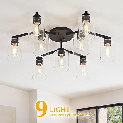 9 Light Kitchen Lighting Fixtures Ceiling Black Semi Flush Mount Ceiling Light