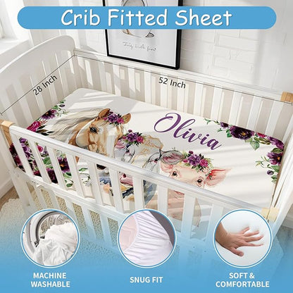 Personalized Baby Crib Bedding Set, 5 Pcs Custom Name Baby Crib Set with Floral Animals, Baby Girls Nursery Bedding Sets, Double Layer Blanket, Newborns Infants Toddlers Customized Gifts