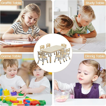 GAOMON Kids Table and 6 Chairs Set, Height Adjustable Toddler Table and Chairs Set for Ages 2-10, Graffiti Desktop, Non-Slip Legs, Children Activity Table for Daycare Classroom Home
