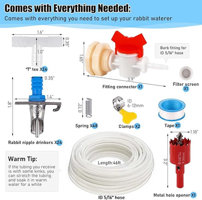 Automatic Rabbit Watering System, Rabbit Waterer Kit System Gravity Fed Include 24 Sets of Nipple Drinkers and 46 Feet of ID 5/16" Hose