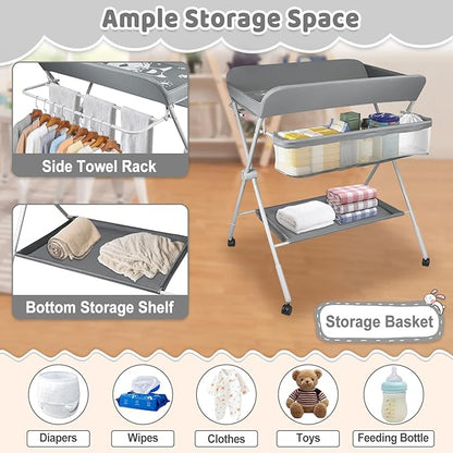 Baby Changing Table, Portable Folding Diaper Changing Station with Wheels, Adjustable Height Nursery Organizer with Safety Belt & Storage Basket & Hanging Rack for Newborn Baby and Infant (Gray)