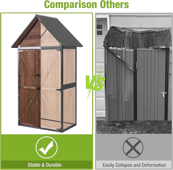 GUTINNEEN Outdoor Storage Shed with All Around Strong Metal Frame, Garden Tool Sheds Cabinet with Floor & Adjustable Shelves, Wooden Tool House for Backyard Garden Patio Lawn (Dark Brown)