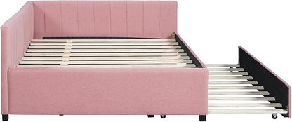 Harper & Bright Designs Full Size Upholstered Daybed with Trundle Sofa Bed Frame for Boys Girls Kids Adults Toddler No Box Spring Needed, Linen Fabric(Pink)