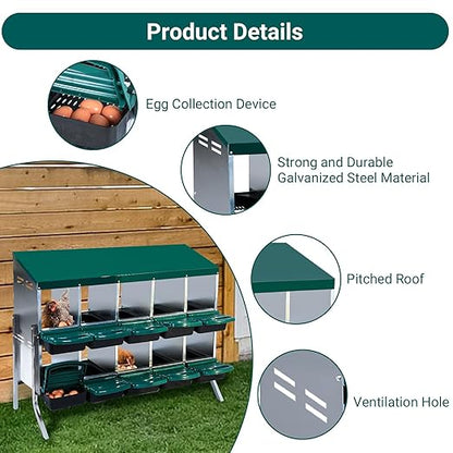 Garvee Chicken Nesting Boxes, 10 Hole Chicken Laying Box with Removable Trays and Roll Out Egg Collection for Chicken Coop, with Metal Legs, Green