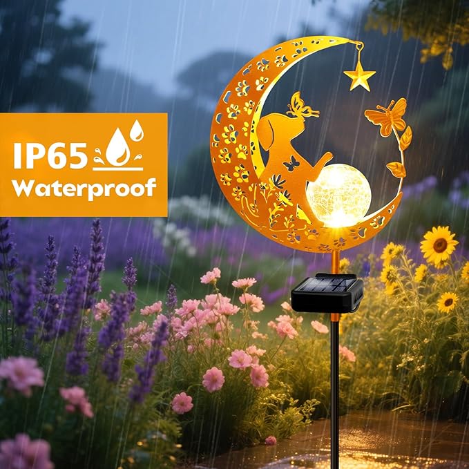 YJFWAL Garden Solar Dog Lights Pathway Stake Lights Glass Globe with Moon Dog Decor, Gifts for Mom Grandma Friends, Outdoor Decor Light Waterproof for Walkway, Yard, Patio or Garden (Warm White)
