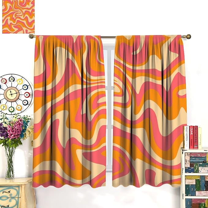 Abstract Wavy Swirl Curtains,60s 70s Groovy Aesthetic Retro Boho Orange Pink Abstract Curtains for Girls Bedroom Living Room Window 42"" W X 54"" L, Style-2
