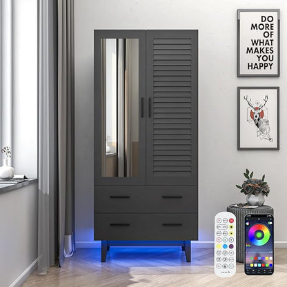 2 Door Armoire Wardrobe Closet Cabinet with Mirror, Drawers and LED Lights, Multi-Tier Shelves, Hanging Rod & 2 Louver Doors, Large Capacity Storage Wardrobe Armoire for Bedroom, Black