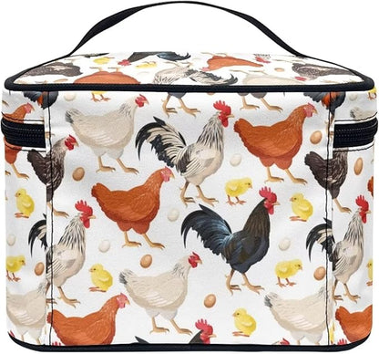 Cute Farm Chicken Rooster Print Travel Makeup Bag for Women Large Capacity Cosmetic Bags with Zipper And Handle Make Up Tote Bags Organizer Portable Brushes Case Toiletry Bags