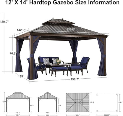 PURPLE LEAF 12' X 14' Hardtop Gazebo Canopy with Curtains and Netting for Patio Deck Backyard Heavy Duty Sunshade UV Protection Metal Outdoor Permanent Pavilion