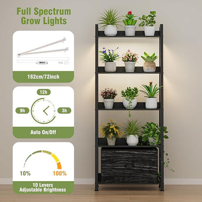 Large Plant Stand Indoor with Grow Lights & Storage Drawer, 63" Extra Wide Wood & Heavy Duty Metal 5 Tiered Plant Shelf, Sturdy Safety for Multiple Plants in Living Room Bedroom Patio Balcony