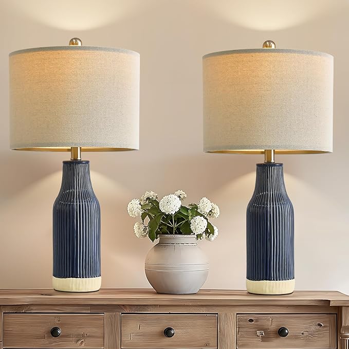 23.75" Modern Blue Ceramic Table Lamp Set of 2