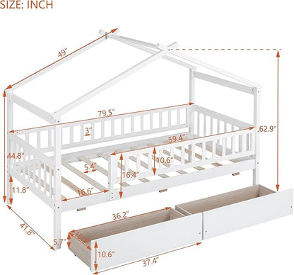 Merax Twin Size Wooden House Bed with Two Drawers, Wood Bed Frame with Roof and Safety Guardrail for Kids, Teens, Boys or Girls, White