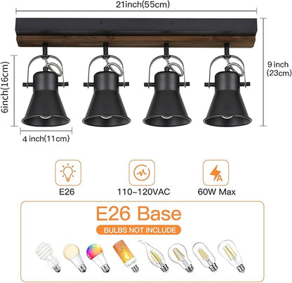 SEEBLEN 4-Light Kitchen Light Fixtures - Adjustable Ceiling/Wall Mount Spotlight, Industrial Black Track Lighting for Living Room, Dining Room, Hallway, Bathroom