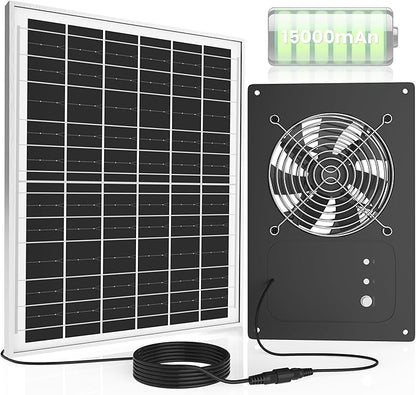 Solar Fan with Battery 15000 mAh and Timer - 25W Powered Exhaust Fan High Wind Speed Rainproof for Outdoor Greenhouse, Chicken Coop, Doghouses, Shed, Vent, Windows
