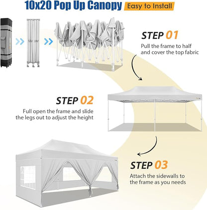 HOTEEL 10x20 Pop up Canopy Tent for Parties, Heavy Duty Easy Setup Tent with 6 Sidewalls, Outdoor Commercial Instant Gazebo for Wedding Event, with Roller Bag & Sand Bags, White(Hexagonal Frame)