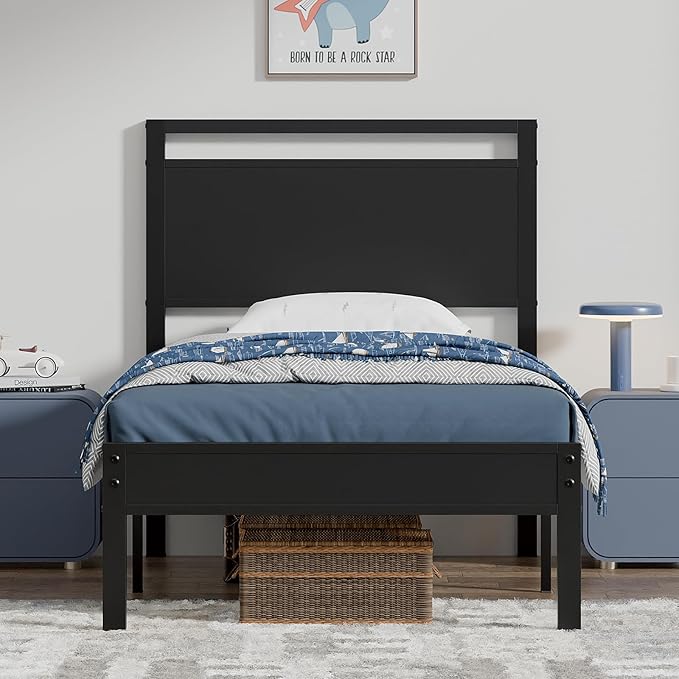 Z-hom Upgraded Twin Bed Frames, Heavy Duty Metal Sturdy Bed Frame Twin Size with Modern Wood Headboard & Footboard, Stable Platform Bed Furniture Bed Storage, No Noise, No Box Springs, Black