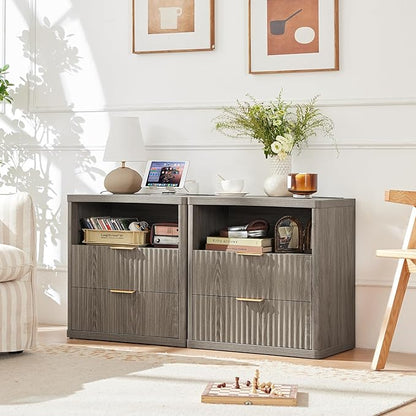 LEYAOYAO Fluted Farmhouse Nightstand Set of 2 with Charging Station, 23" Wide 2 Drawers End Table,Grey Dresser for Bedroom,Bed Side Table Chest of Drawers Cabinet,Wood Night Stand for Living Room