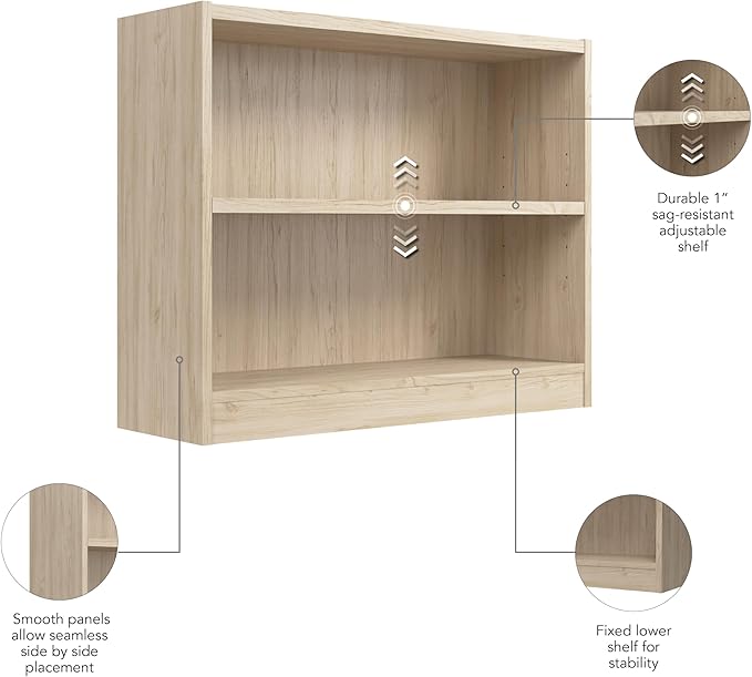 Bush Furniture Universal Small 2 Shelf Bookcase in Natural Elm, Low Storage and Display Bookshelf for Home Office or Living Room Organization