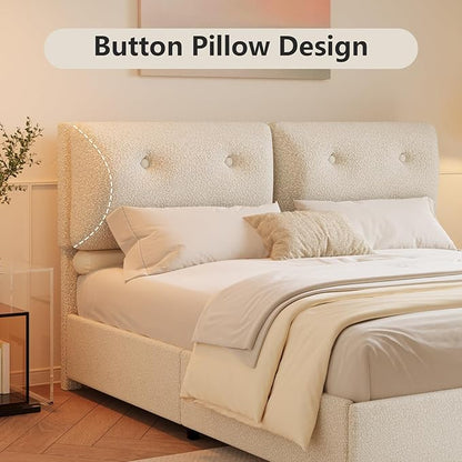 King Bed Frame and Headboard, Upholstered Boucle Bed King with Soft Headboard, Wooden Slats Support, No Box Spring Needed, Easy Assembly, Cloud Bed Frame, Beige