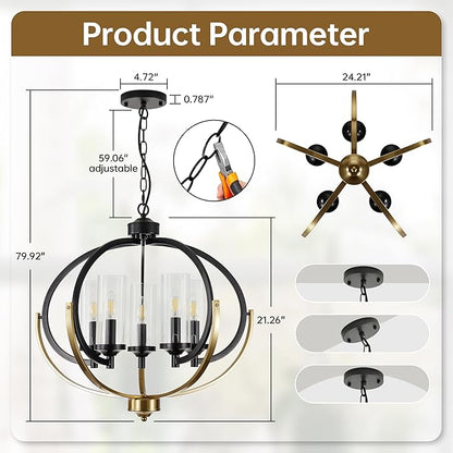 WJShome 5-Light Black and Gold Chandelier, 24" Farmhouse Dining Room Light Fixture, Adjustable Hanging Ceiling Lantern Pendant Light, with Glass Shade Globe Chandeliers, for Kitchen, Bedroom, Foyer