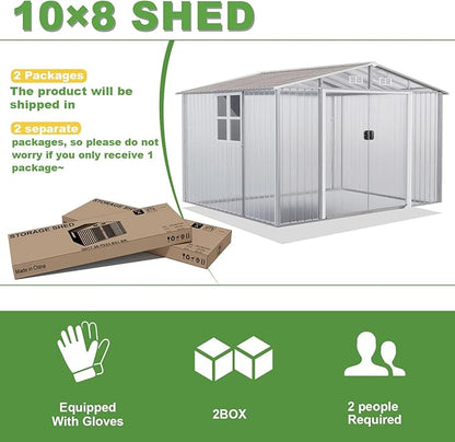 Gotland 10FT x 8FT Sheds & Outdoor Storage, Storage Shed with 1 Large Window Sloped Step, Metal Shed with 2 Lockable Slide Doors Air Vents, Outdoor Shed for Backyard Patio Lawn Brown