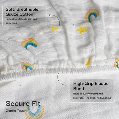 Salt Earth 100% Organic Cotton Muslin Standard Fitted Crib Sheet, 52"x28", 2 Pack Soft Breathable Natural Cotton Sheets Baby Mattress Bed Sheets, No Slip Neutral Baby Crib Sheet (Silver & Rainbow)